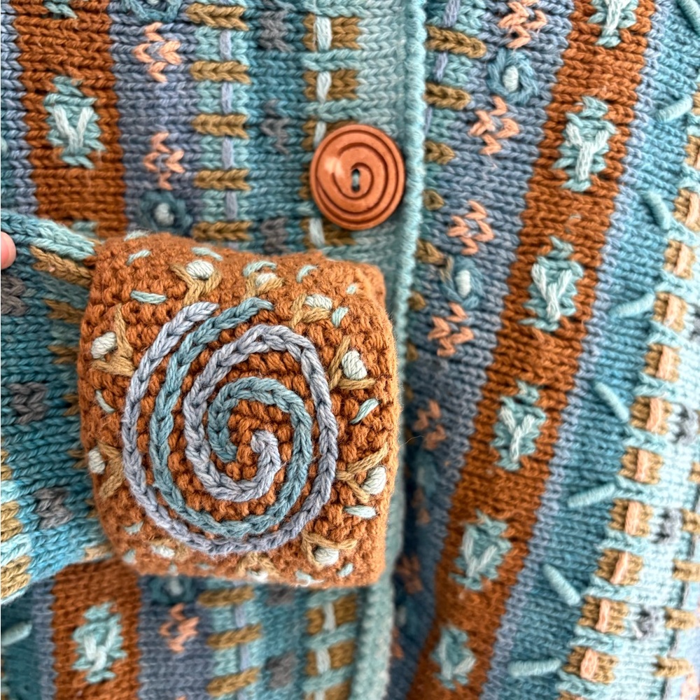 Green/blue cotton cardigan- hand knit in Nepal- size S/M - Picture 6 of 9